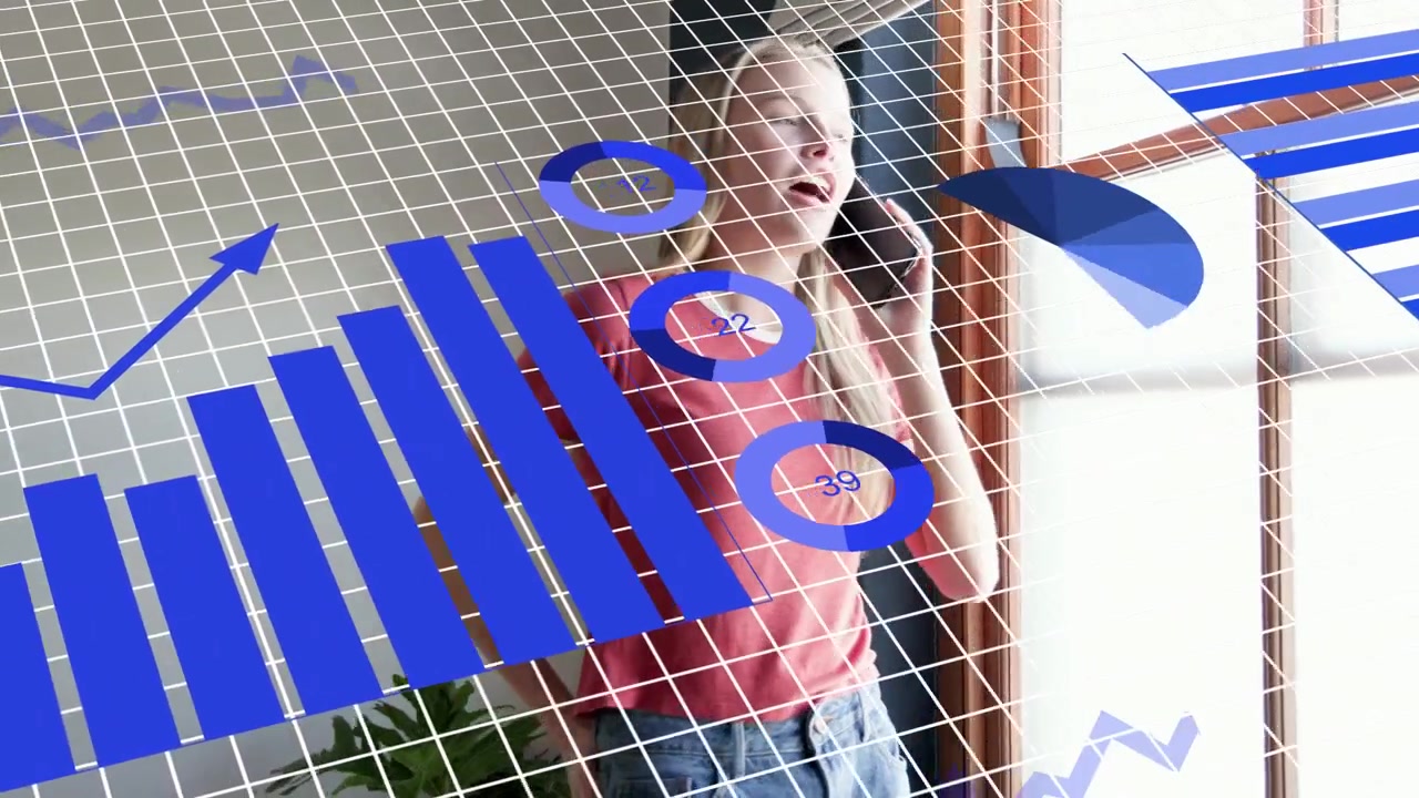 Woman walking lounge starting call, discussing business data as blue charts aligning over face
