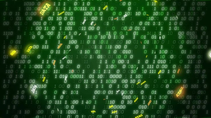 Incoming DATA tokens starting stream, drifting inward and forming columns to show tech data flow