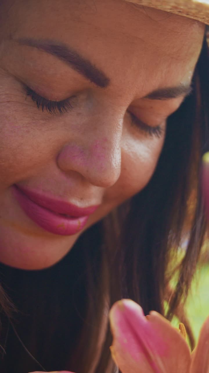 Exploring the Beauty of Nature: A Moment Captured as a Woman Engages with a Vibrant Flower, Appreciating Its Delicate Features and Fragrance