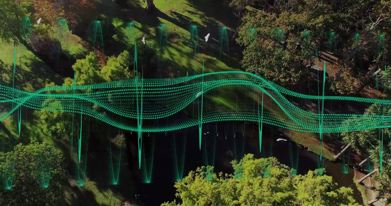 Grafica a forma d'onda color ottanio attivata da drone che pulsa sopra uno stagno, mentre uccelli bianchi volano per visualizzare dati