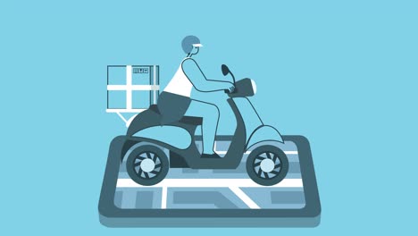 una mujer de entrega plana viaja en una motocicleta. concepto de entrega en línea. diseño plano personaje de dibujos animados de bucle aislado animación 2d con alfa
