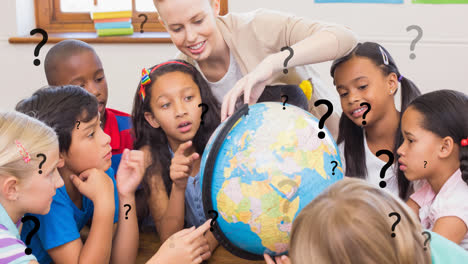 animation of question marks over diverse elementary school teacher and class using globe