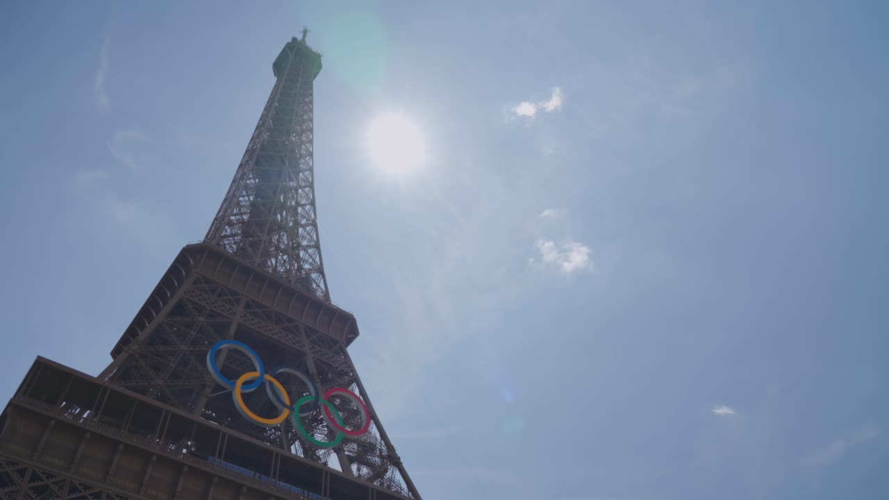 Eiffel Tower with Olympic Rings in Paris under a sunny sky
