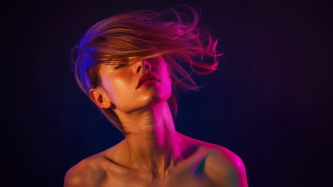 Posizione iniziale, modella che scuote la testa, in posa in studio che mostra un make-up lucido con gel magenta.