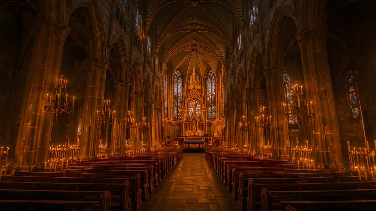 Flickering candle flames illuminating Gothic cathedral nave, with metal candelabras and wooden pews