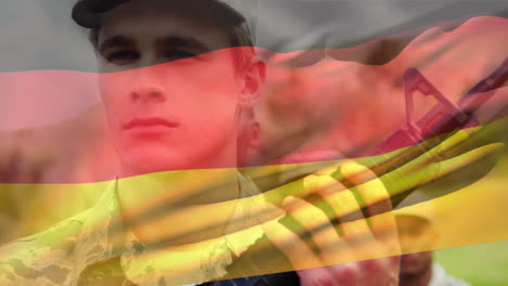 animation of flag of germany over caucasian male soldier