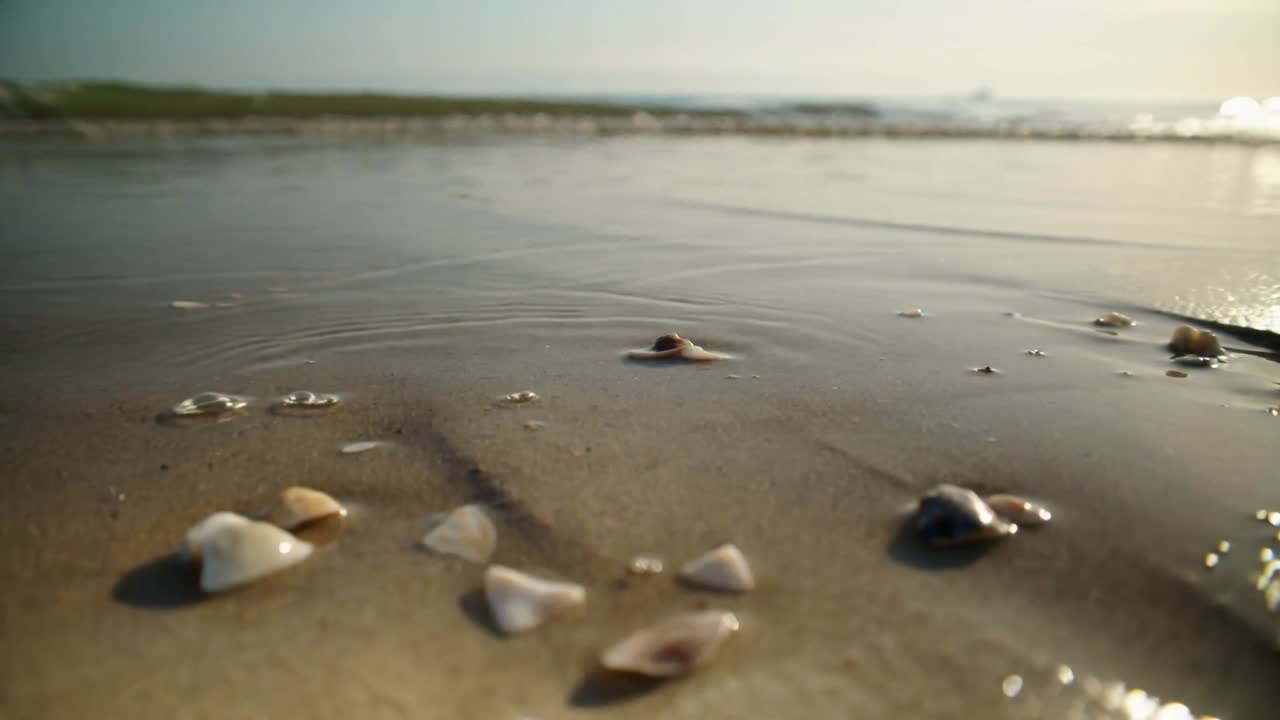 Advancing thin surf foam sweeping small seashell cluster at shallow beach, leaving glossy wet sand