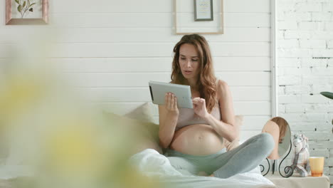 pregnant woman holding tablet in bed. closeup belly mother watching ipad home.