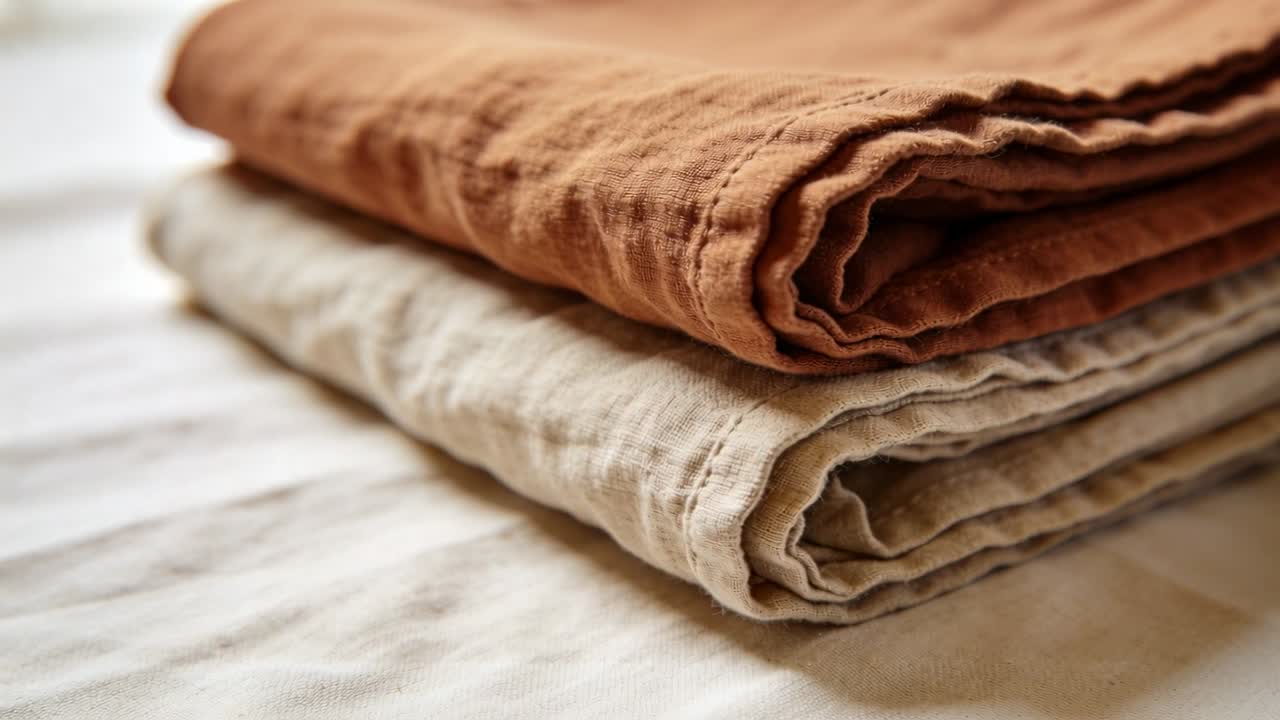 Pulling back, camera revealing rust-brown and beige linen stack on bed with sheer curtains