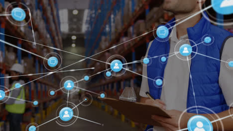 animation of network of connections with icons over caucasian man working in warehouse