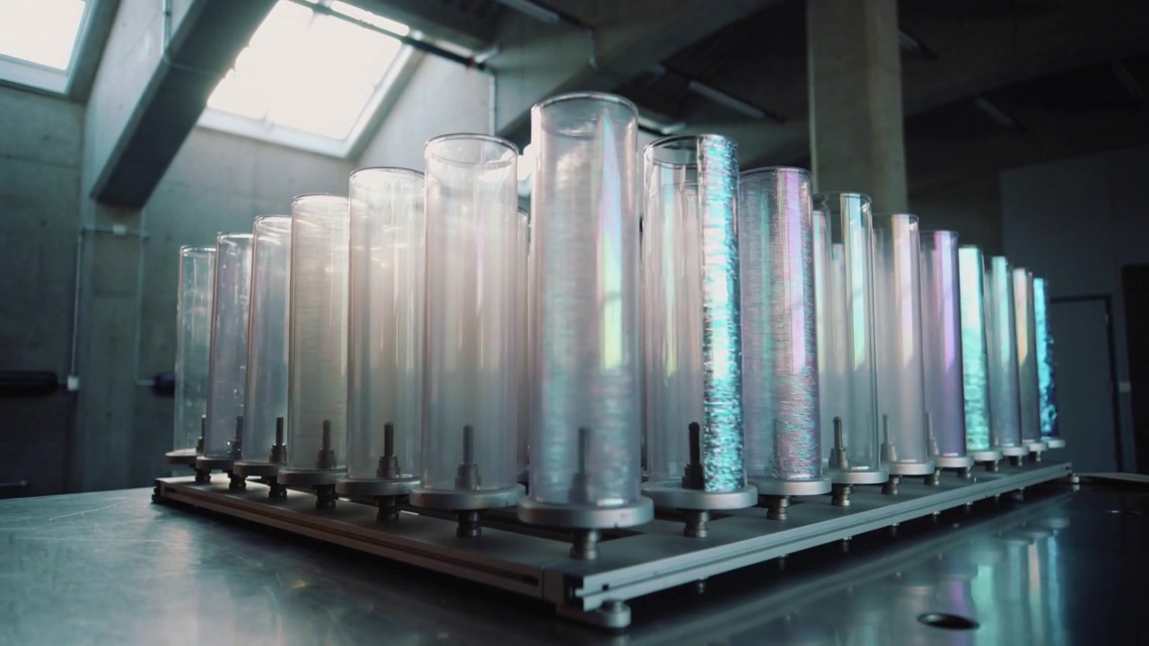 Shifting skylight glints revealing pearlescent sheen inside glass tubes on metal frame steel table