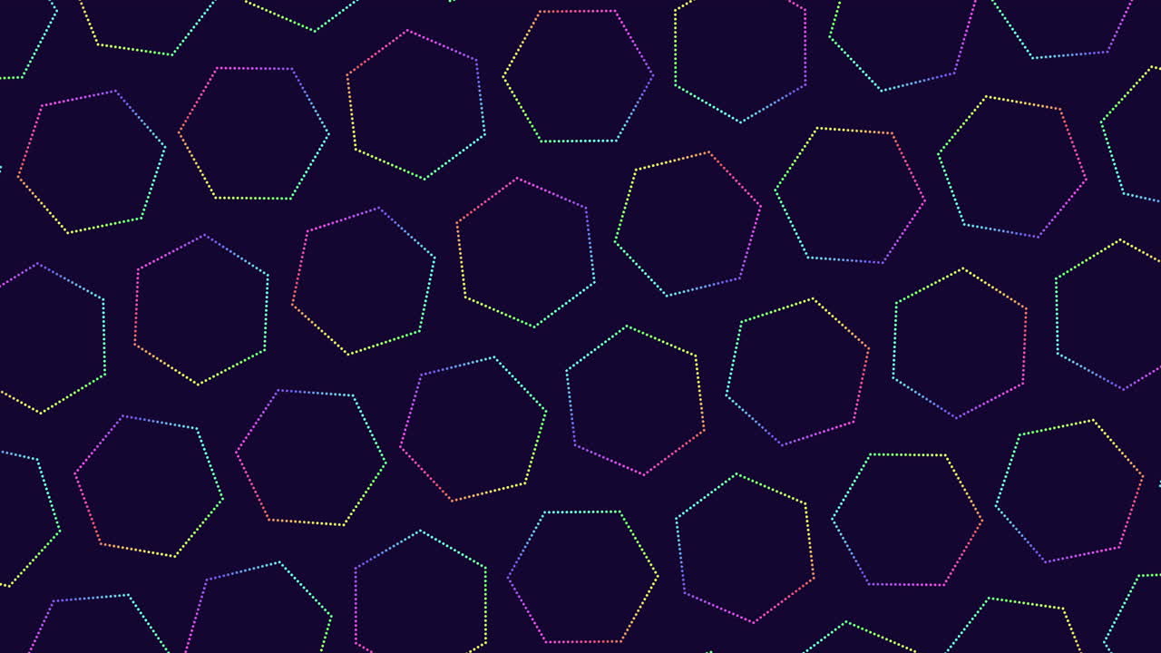 Seamless abstract of multicolored dotted hexagon outlines forming a geometric pattern on a dark background, ideal as a modern tech style backdrop for titles, presentations, or digital interfaces