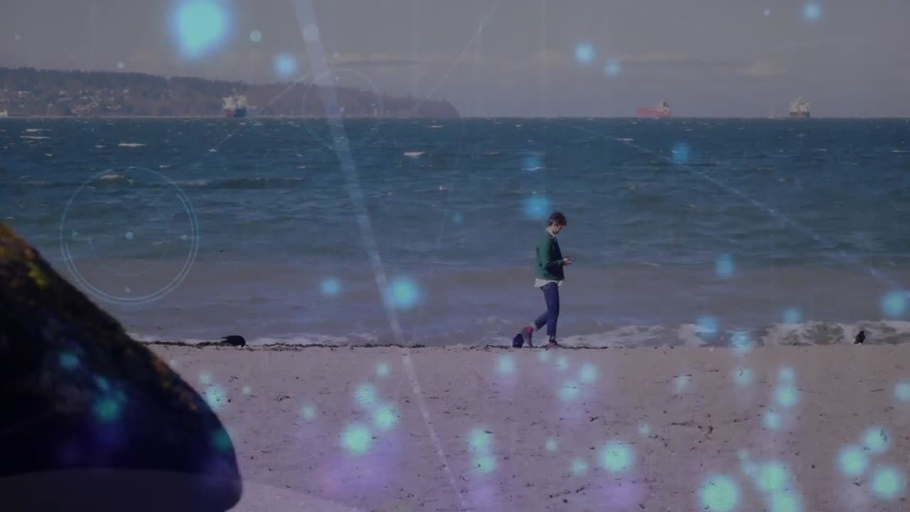 해변에서 코카시안 남자에 대한 연결 네트워크의 애니메이션