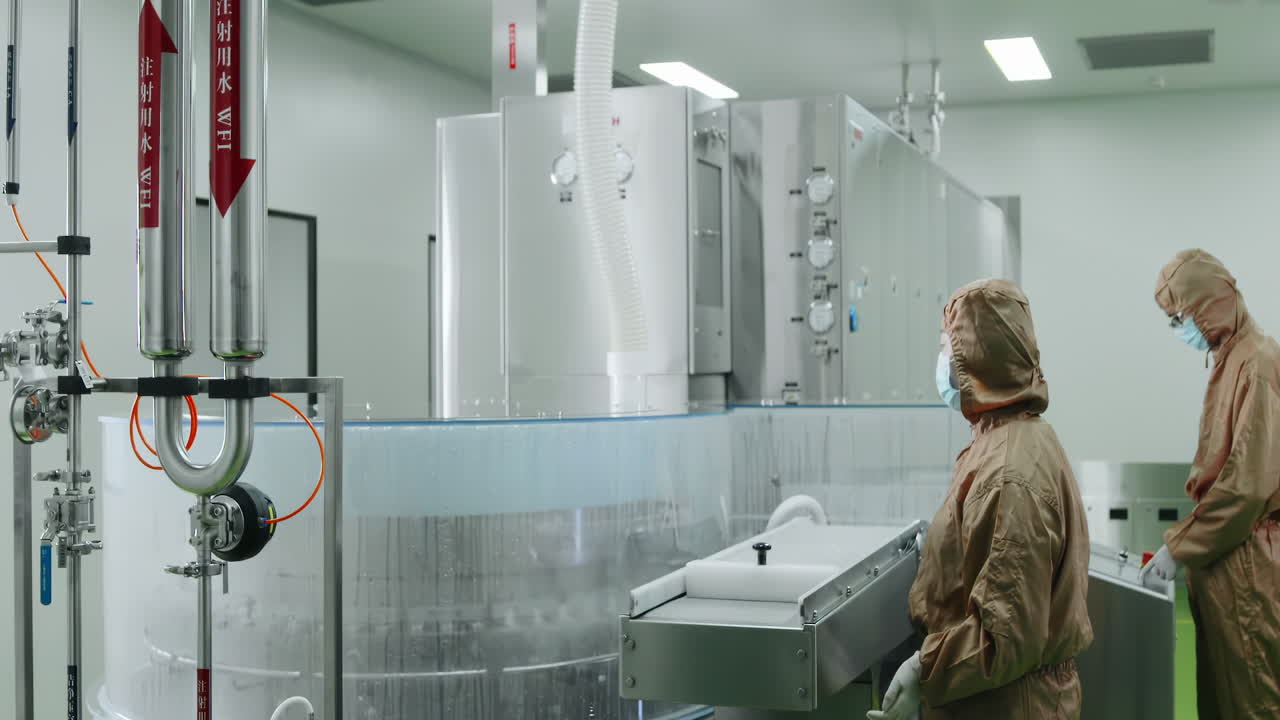 Scientists working with modern equipment sterile pharmaceutical production cleanroom gleaming stainless steel, Worker wearing protective uniform works industrial machinery advanced biopharmaceutical