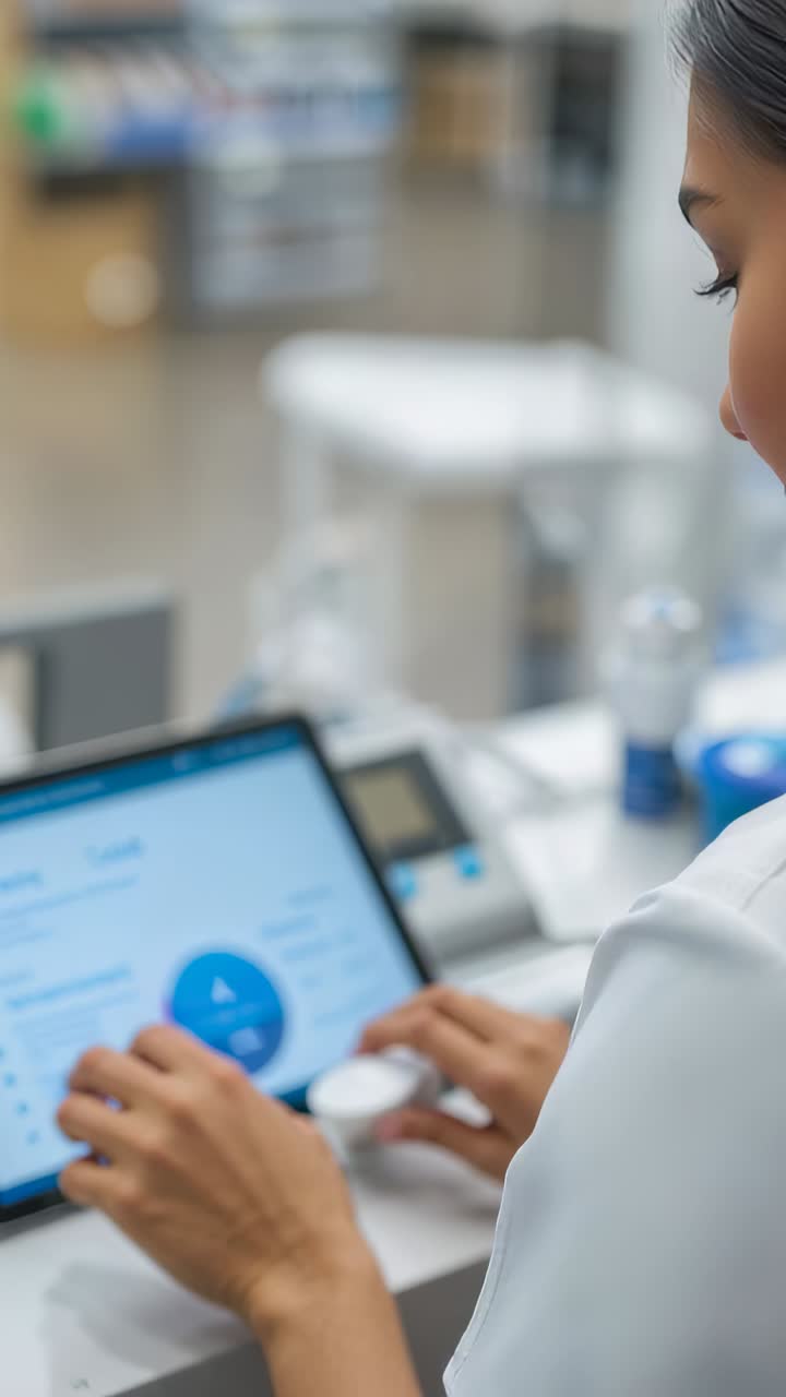 Vertical video: Checking tablet chart, nurse in lab coat handling containers at clinic, copy space