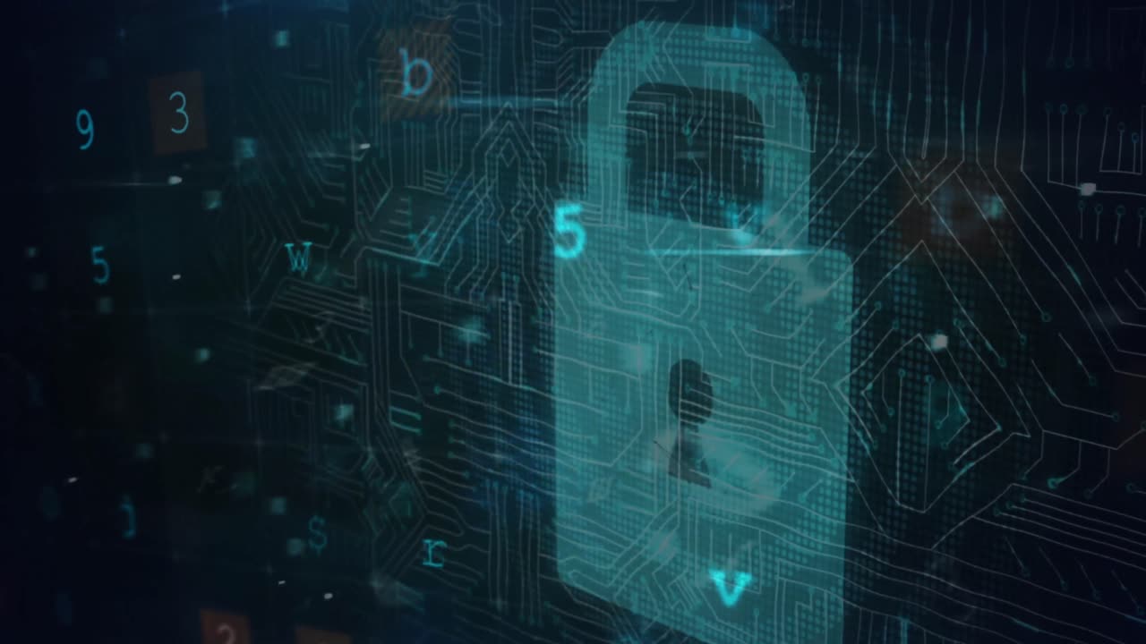 Animation of online security padlock, cyber attack warning and data processing