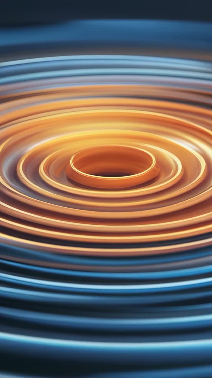 Vertical video: Pulse launching concentric rings pulsating in dark 3D void, with warm and cool hues