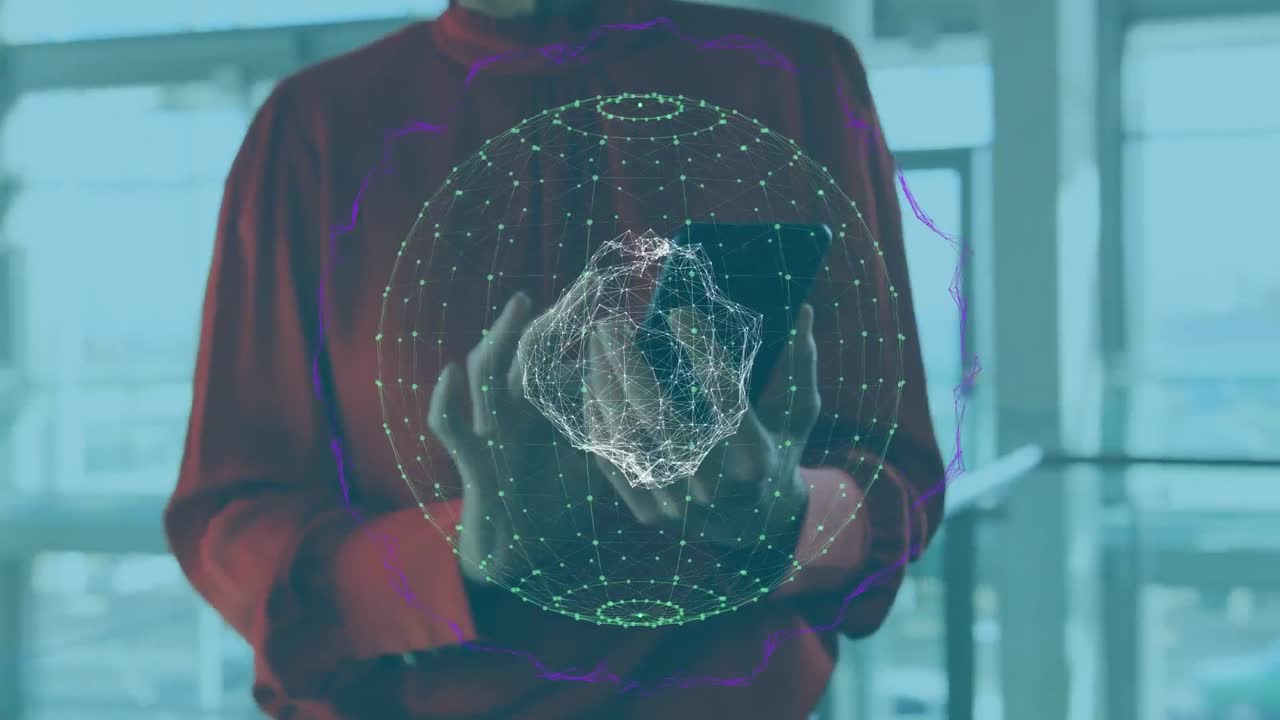 Animation of globe with connections over caucasian businesswoman using smartphone