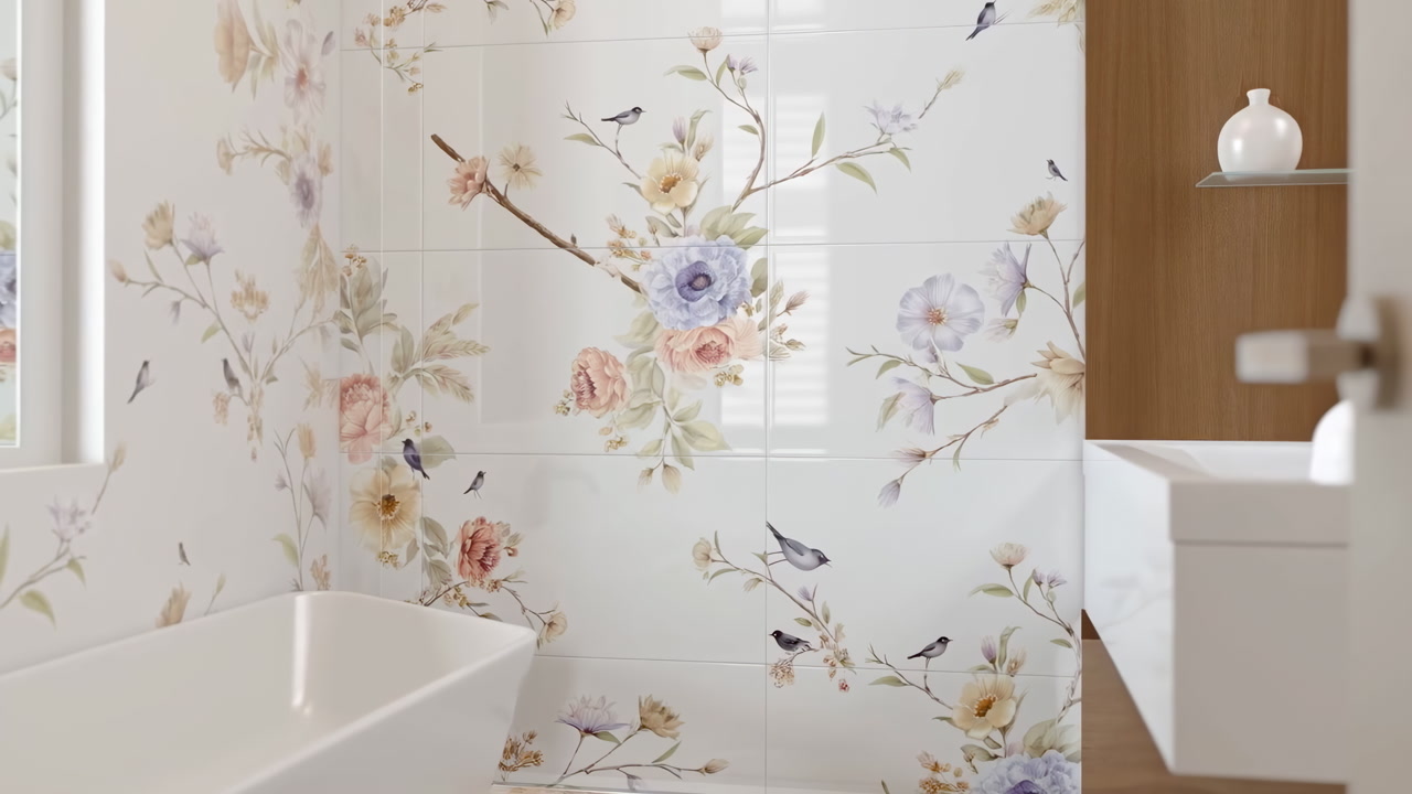 Floral Tiled Bathroom With Pastel Flowers, White Bathtub, Ceramic Wall Tiles Painted With Roses And Peonies,