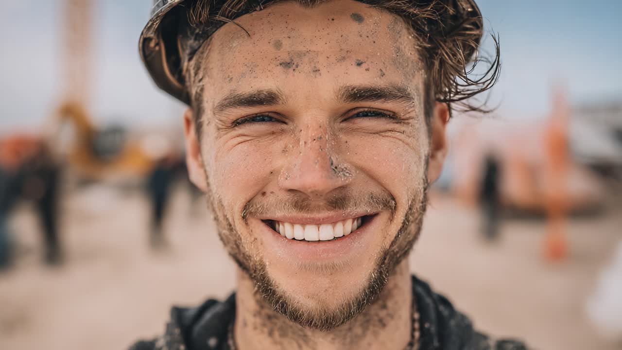 Um alegre operário da construção civil sorri durante o trabalho, irradiando positividade e determinação em meio ao ambiente empoeirado de um canteiro de obras