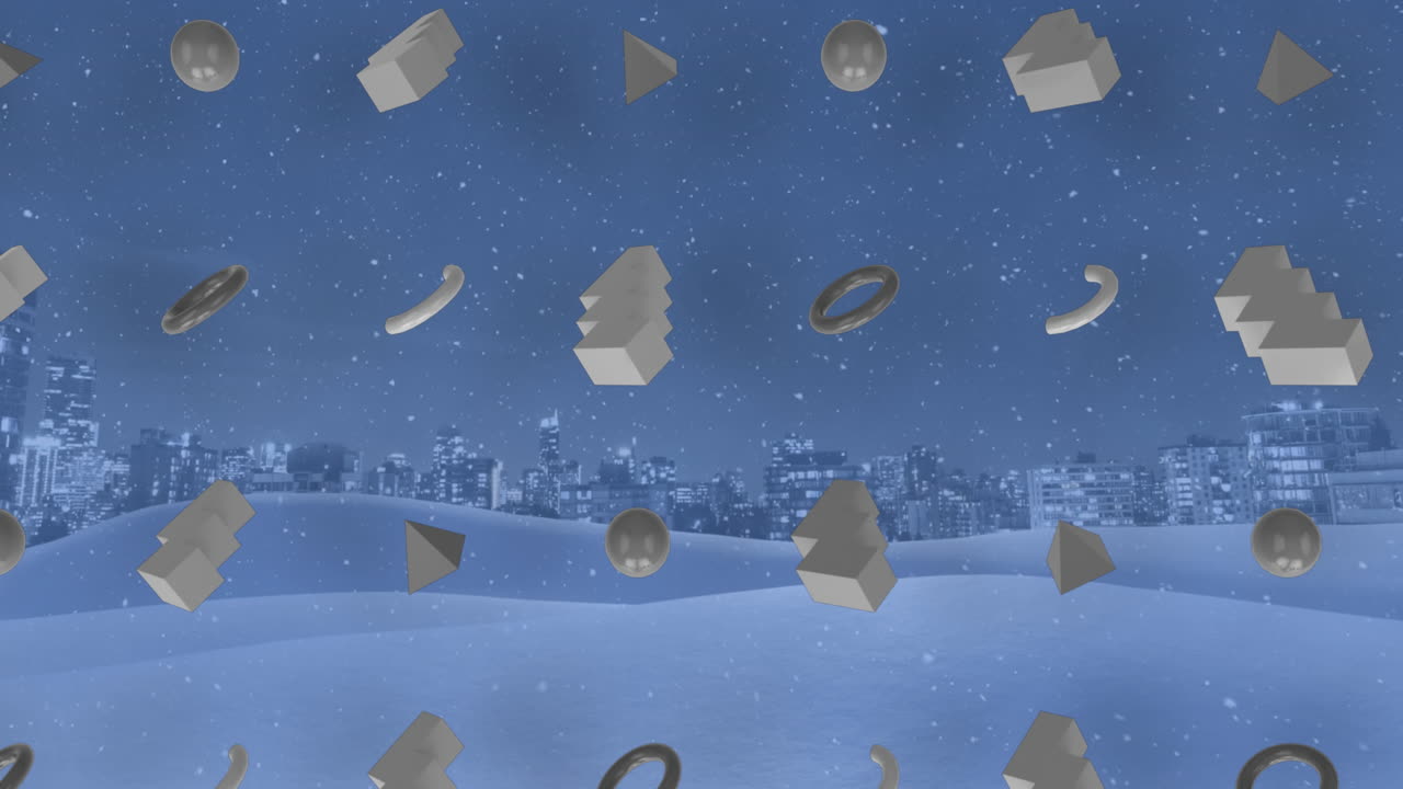 추상적인 모양의 행의 애니메이션 패턴과 겨울 풍경에 떨어지는 크리스마스 눈