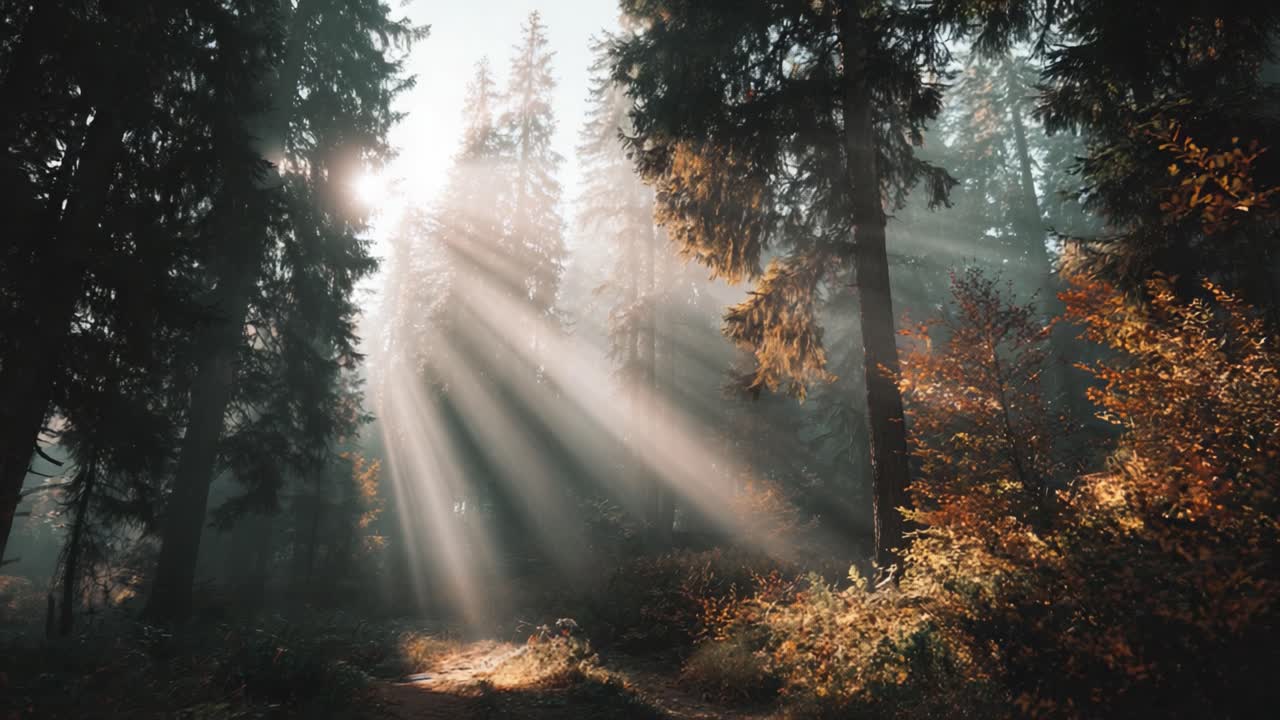 Sunlight Piercing Through Dense Forest Canopy, Creating Ethereal Rays and Illuminating the Vibrant Autumn Foliage in a Tranquil Natural Setting