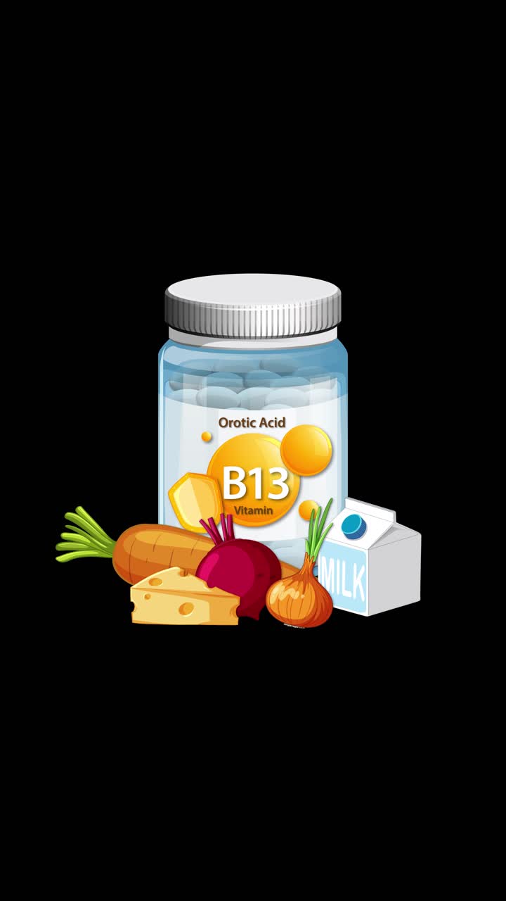 Botol Vitamin B13 dengan wortel, bit, keju, bawang, dan susu muncul di latar belakang hitam