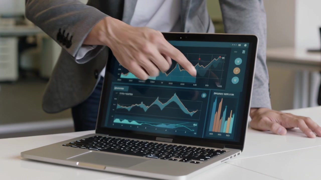 Talende presentatør i grå blazer lener seg på kontoret og peker på laptopdiagrammer for å understreke vekst