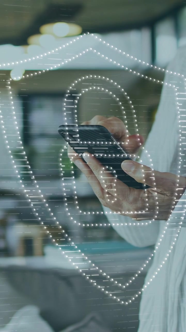 Vertical video: Woman tapping phone in lounge activating house shield dotted overlay securing home