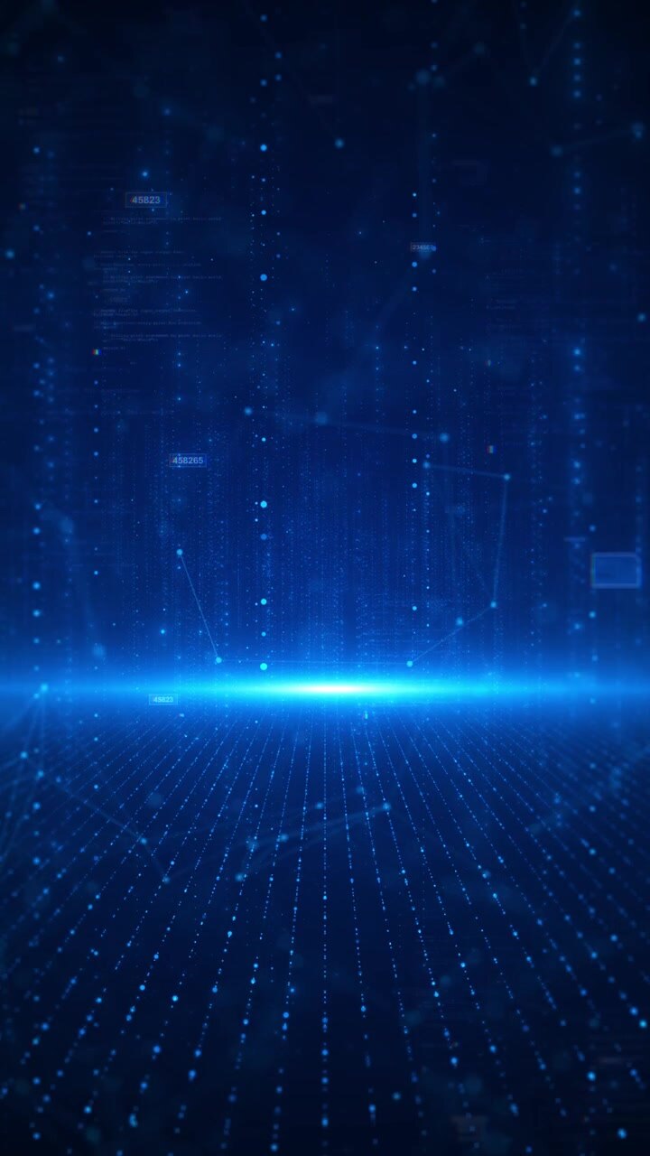 Dashboard di dati cyber, pavimento a griglia blu, orizzonte centrale luminoso, blocchi di codice fluttuanti, leggera foschia digitale