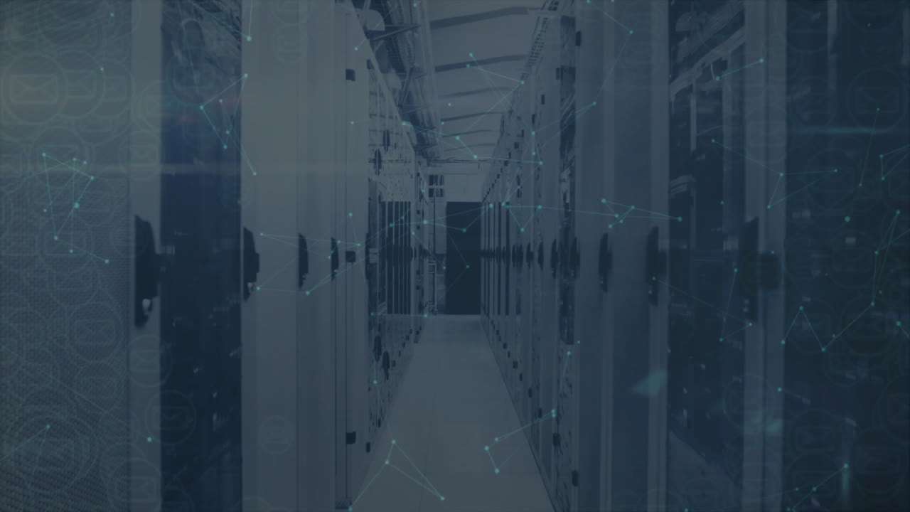 Data network connections animation over server racks in data center