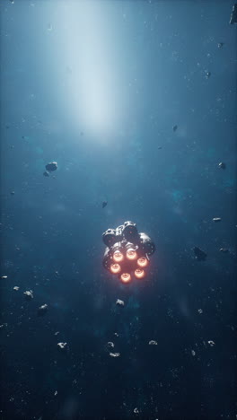 a spaceship flying through a field of asteroids in space