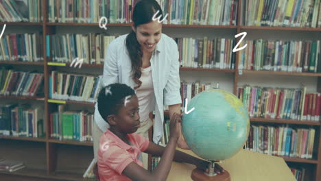 teacher and boy learn geography with globe among floating alphabets in library.