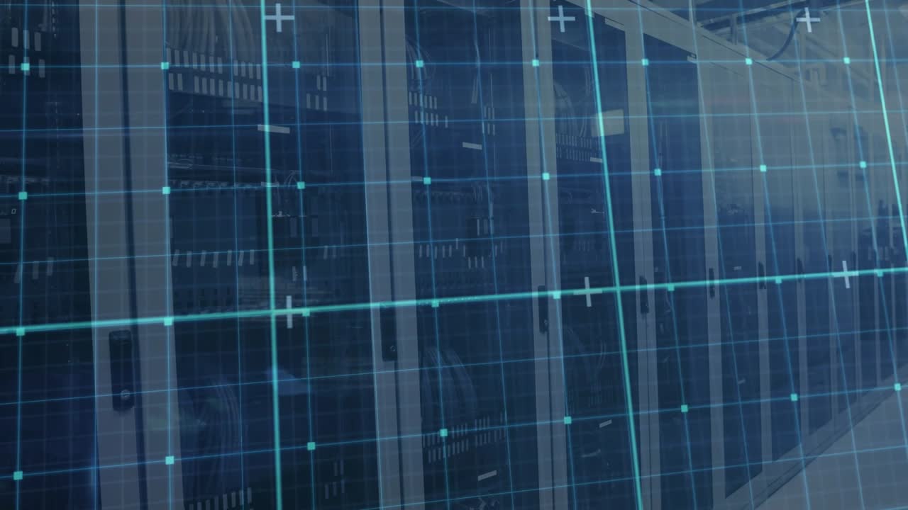 Sweep line sending grid overlay gliding lines, pulsing nodes visualizing data scan across racks