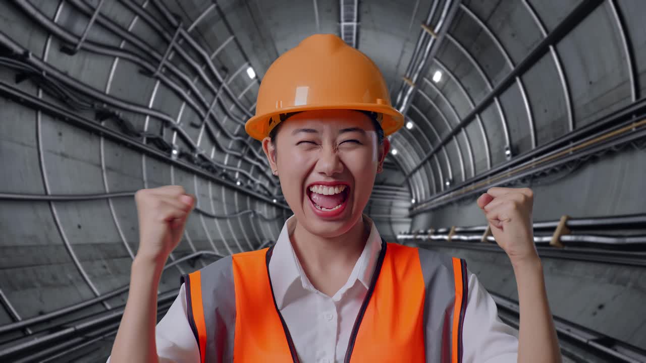Happy Engineer Celebrating a Project Success in a Tunnel