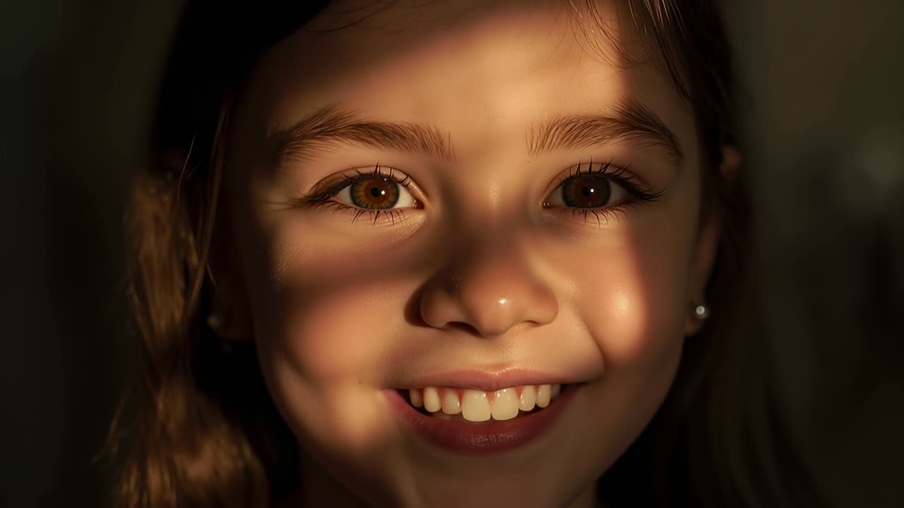 Reacting to shifting striped light, girl smiling, laughing, turning head at home, pearl studs