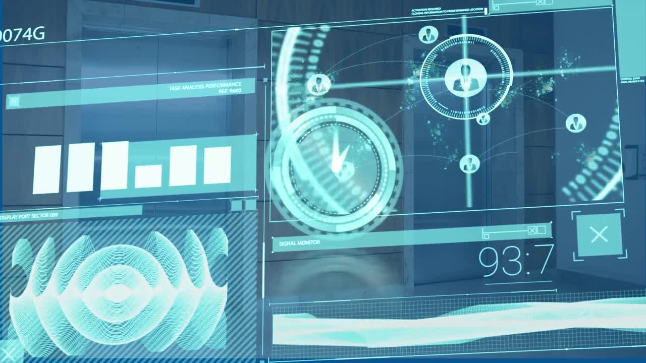 그래프, 음파, 프로필 아이콘, 엘리베이터 문에 대한 숫자의 디지털 시계의 애니메이션