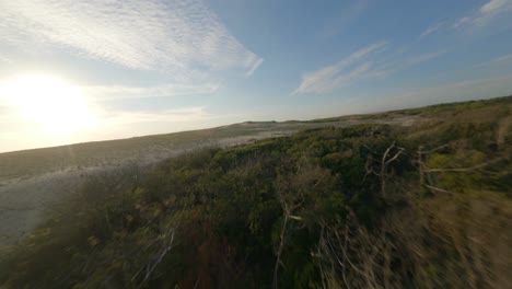 aerial fpv racing drone flying over forest close to beach with ocean in background, soustons in landes department, nouvelle-aquitaine in france