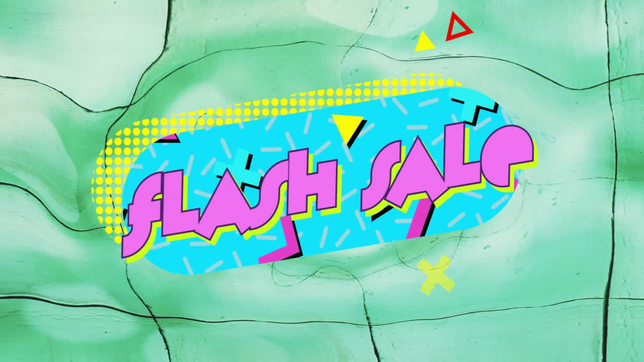 Central aqua-blue oval featuring bold purple FLASH SALE lettering, showing retro geometric shapes