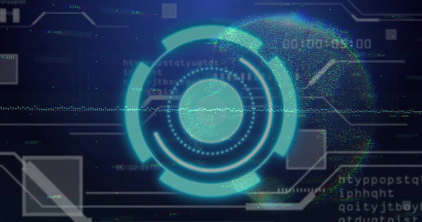 Central cyan HUD rings rotating and pulsing as timer ticking tech UI bars updating for scan