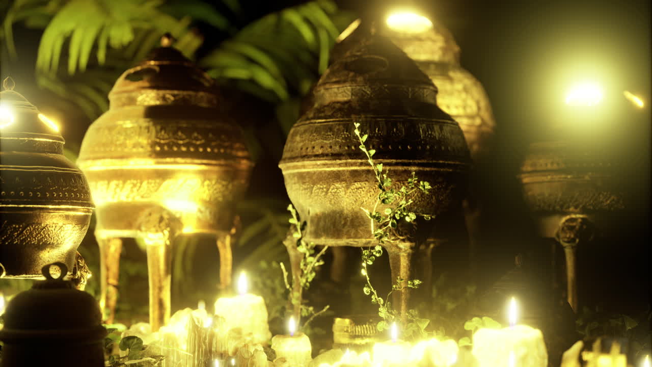 Decorative golden vessels illuminated by soft candlelight at night
