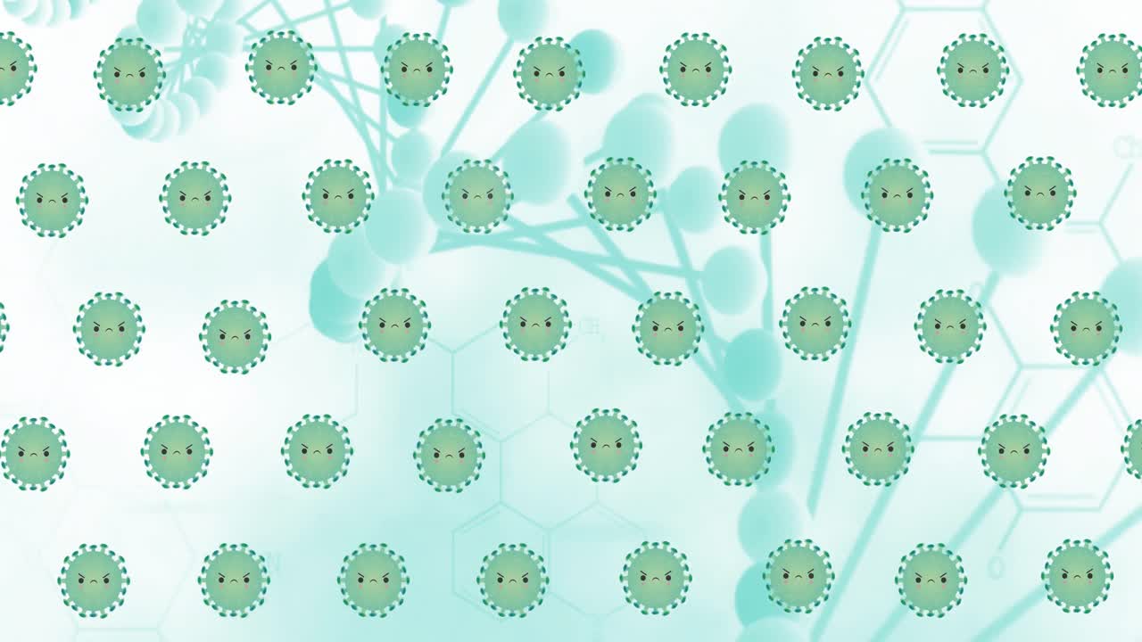 백색 배경에 있는 분자 위에 있는 코로나19 바이러스 세포의 애니메이션