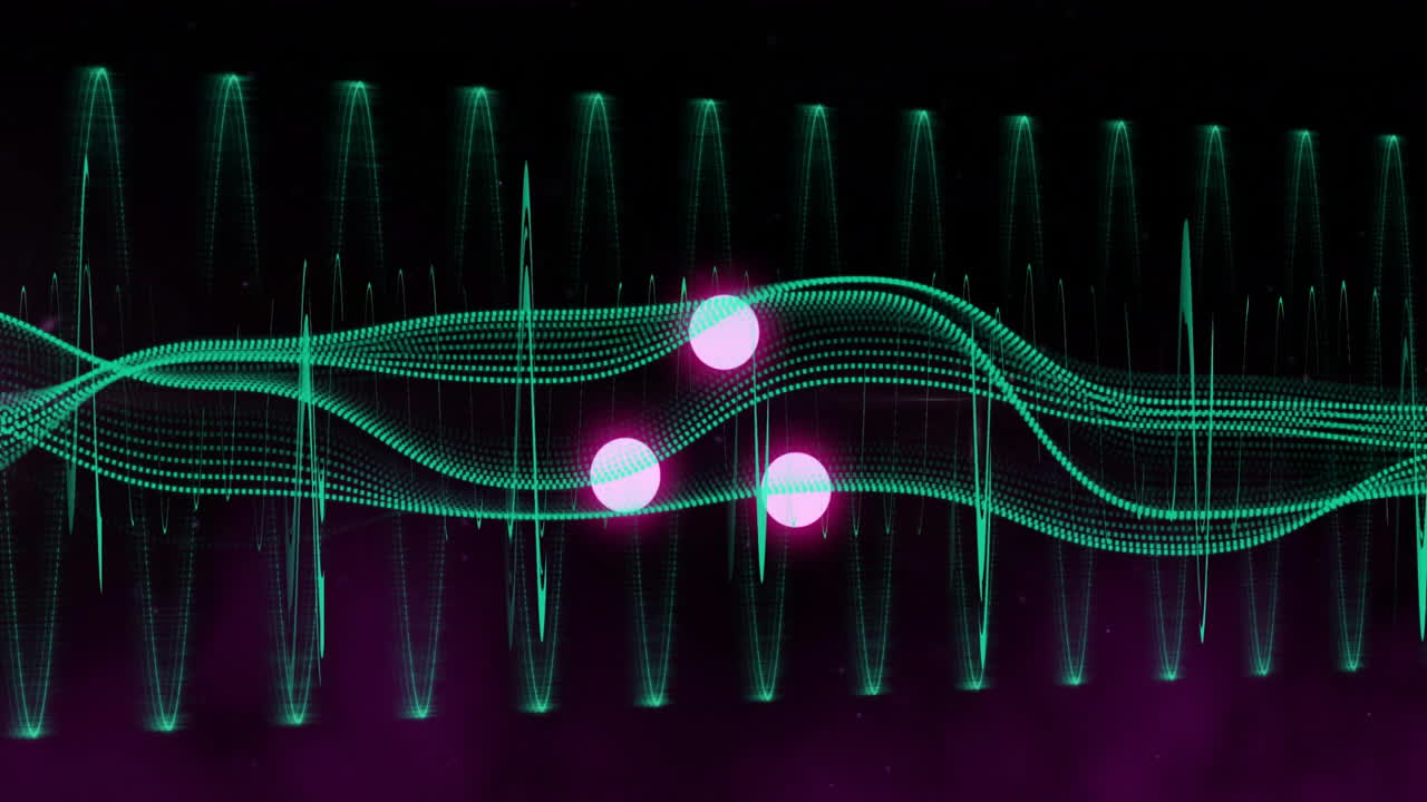 Neon green waveforms and pink spheres, futuristic sound wave animation