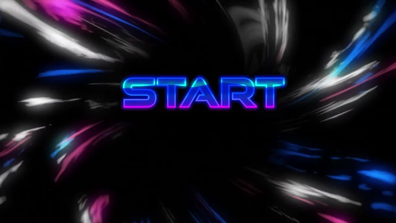 Animation of start text over light trails on black background