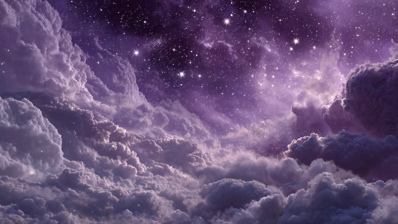 A Stunning Cosmic Scene Showcasing Majestic Purple Clouds and Twinkling Stars in a Vast Expansive Universe, Evoking a Sense of Wonder and Intrigue
