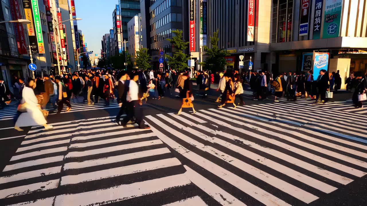 Busy Pedestrian Crosswalk in a Japanese City