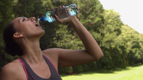 sporty brunette drinking from water bottle