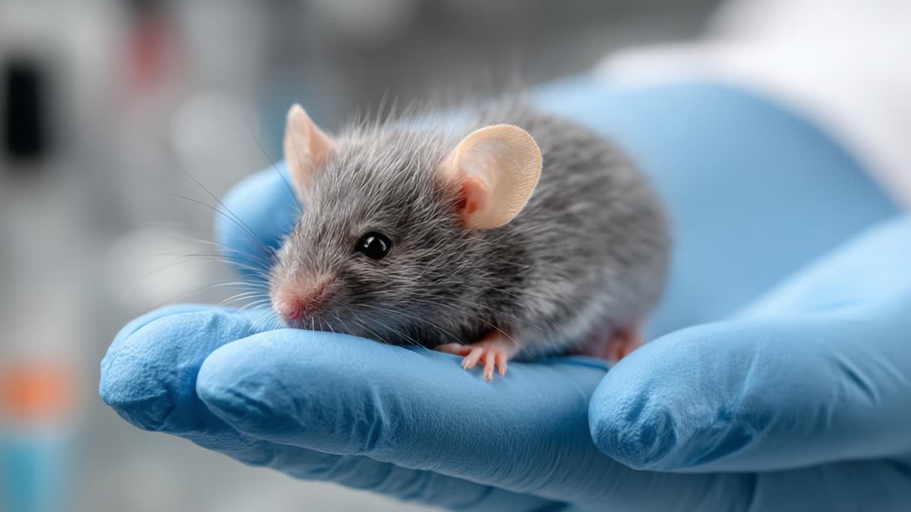 Primo piano di un topo grigio tenuto delicatamente in una mano guantata, che evidenzia la natura delicata degli animali da laboratorio in ambienti di ricerca