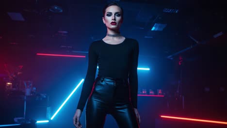 a captivating model stands confidently under neon lights, showcasing a bold fashion statement with stunning makeup in a stylish nightclub setting