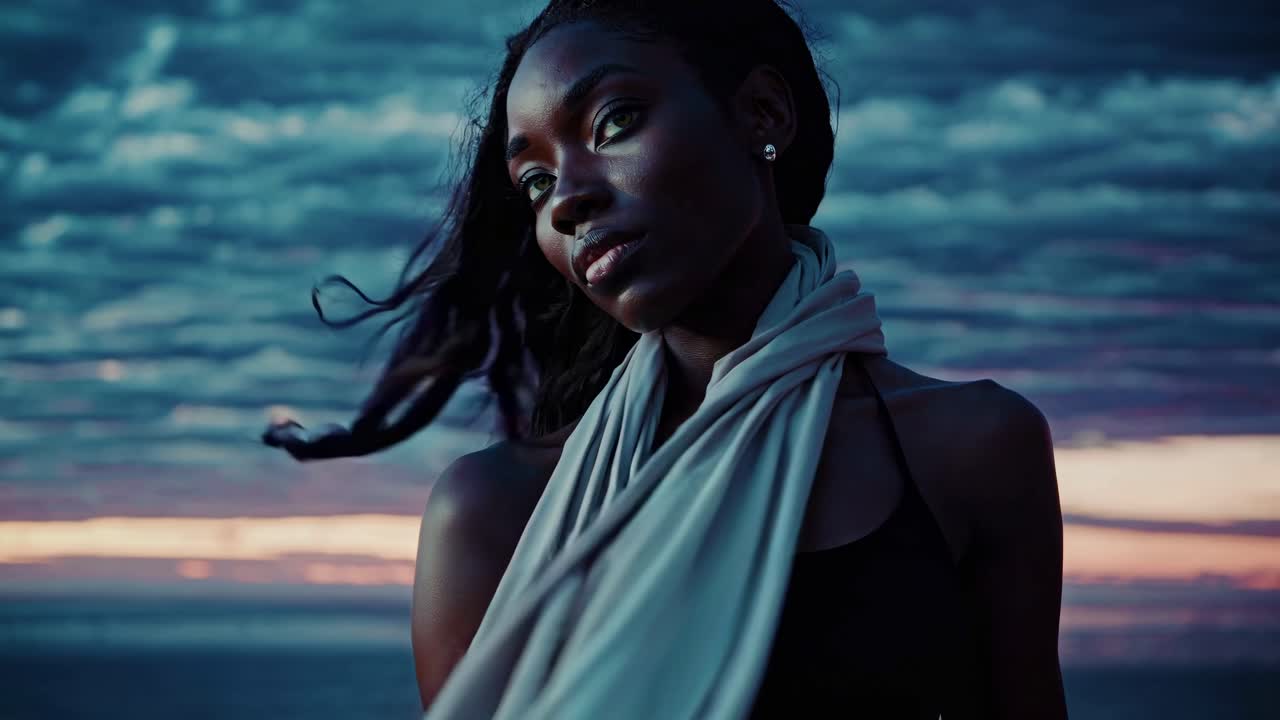 Dramatic low-angle video shot of a woman against a moody sunset sky, highlighting her serene